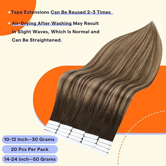 Full Shine Tape in Real Hair Extentions 20 Inch Remy Hair Extensions Balayage Ombre Extensions Color 2 Fading to 3 And 27 Honey Blonde Tape in Hair Extensions Human Hair 50 Grams 20 Pcs Add Volume
