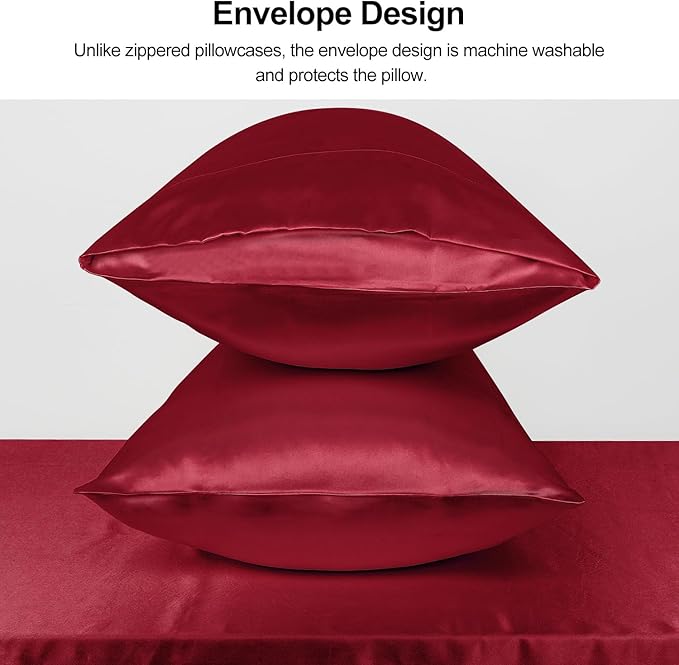 Lirex Satin Pillowcase for Hair and Skin, Super Soft and Cooling Similar to Silk, 2 Pack Queen Size 20"X 30" Pillow Cases with Envelope Closure, Gifts for Women Men, Wine Red