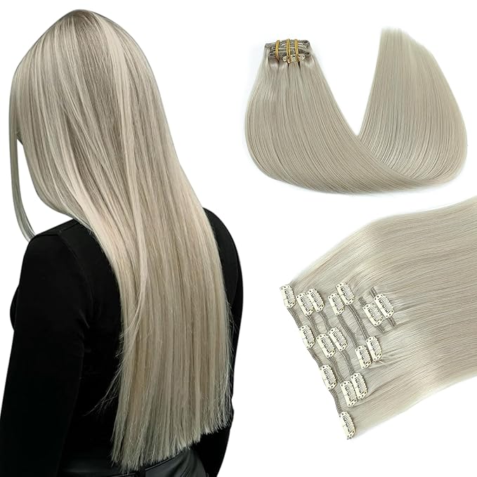 PINKPEARL Clip in Hair Extensions Real Human Hair, 22 Inch 120g 7pcs #1000 Gray Blonde Human Hair Extensions Clip Ins, Remy Hair Clip ins(#1000-22)