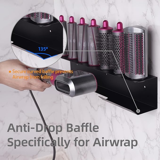 Dyson Airwrap Holder, Aluminum Dyson Airwrap Wall Mount Black with 7 Custom Slots & Cable Hook, Dyson Organizer Wall Mounted for Bathroom BANJEKT