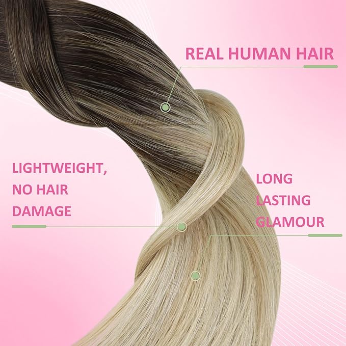 YoungSee Tape in Hair Extensions Real Human Hair Brown to Blonde Invisible Tape in Ombre Hair Extensions for Women Tape-ins Human Hair Extension Balayage Brown Ombre Blonde Easy to Put 16in 20pcs 50g