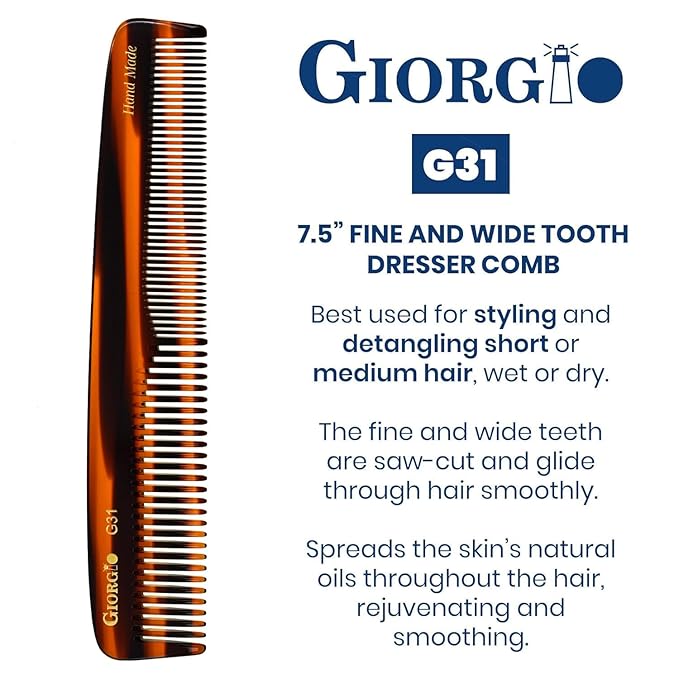 Giorgio G31 Fine Tooth and Wide Tooth Hair Comb, Styling Comb, Grooming Hair Combs for Women, Mens Beard Care Combs for Detangling and Styling - Handmade Saw-Cut and Hand Polished (TortoiseShell)