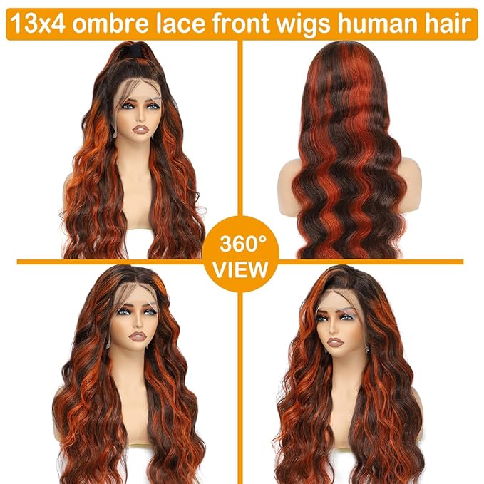 P4/350 Ginger Orange and Brown Colored Body Wave Lace Front Wigs Human Hair 13x4 Highlight HD Lace Front Wig Human Hair Pre Plucked for Black Women 180% Density Glueless Wig 32Inch