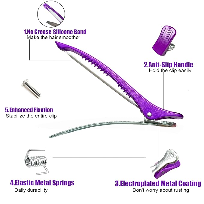 10 pcs Professional Hair Clips for Styling Sectioning - Sectioning Hair Clips for Styling, No-Crease Silicone Band& Anti-Slip Grip, Cutting Clips for Blowouts, Curling, Coloring （Black+Purple）
