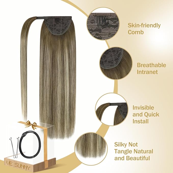 Ve Sunny Hair Extensions Ponytail Real Human Hair 80G Wrap Around Clip in Ponytail Hair Extensions Straight Extensions Human Hair for Women Walnut Brown Ombre Light Brown Balayage Blonde 14inch