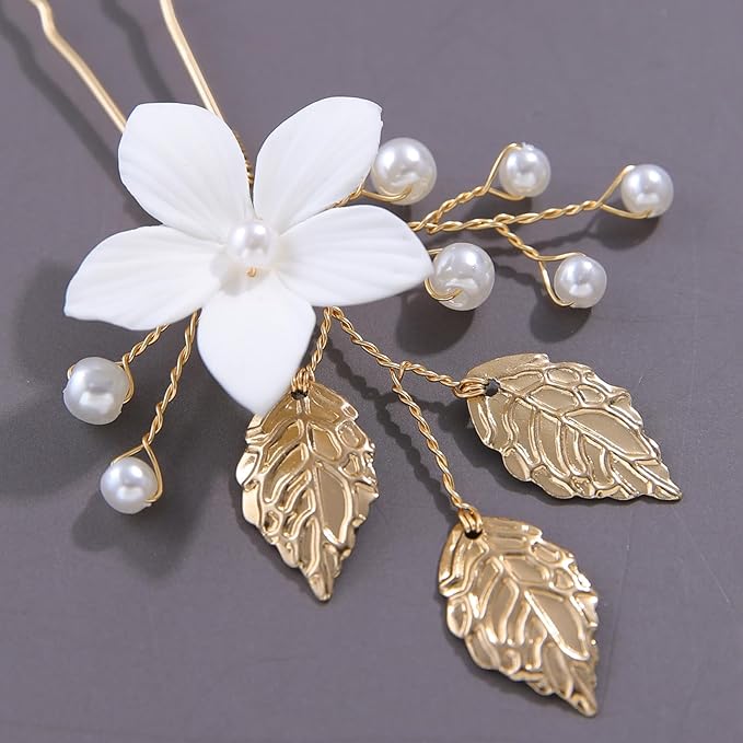 Handmade Pearl Bridal Wedding Hair Pins 9Pcs White Flower Gold Leaf Pearls Clips Bridal Hair Accessories for Women Brides Bridesmaid