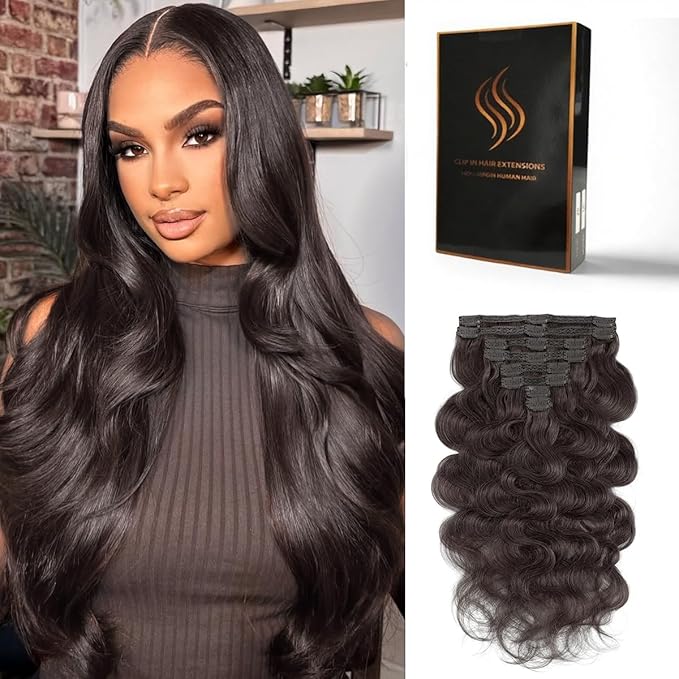 Clip in Hair Extensions Real Human Hair Body Wave 2 Dark Brown Clip in 100% Brazilian Remy Human Hair Extensions 8pcs Per Set with 18 Clips Double Weft 24 Inch 120g/3.6oz