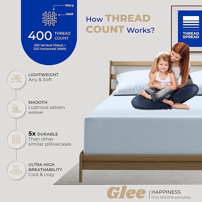 THREAD SPREAD 100% Cotton Pillowcases Standard/Queen Size Set of 2-400 Thread Count Cotton Pillowcases, Ultra Soft Cool Sateen Weave Pillow Cases for Sleeping, Set of 2 Pillow Covers (Light Blue)