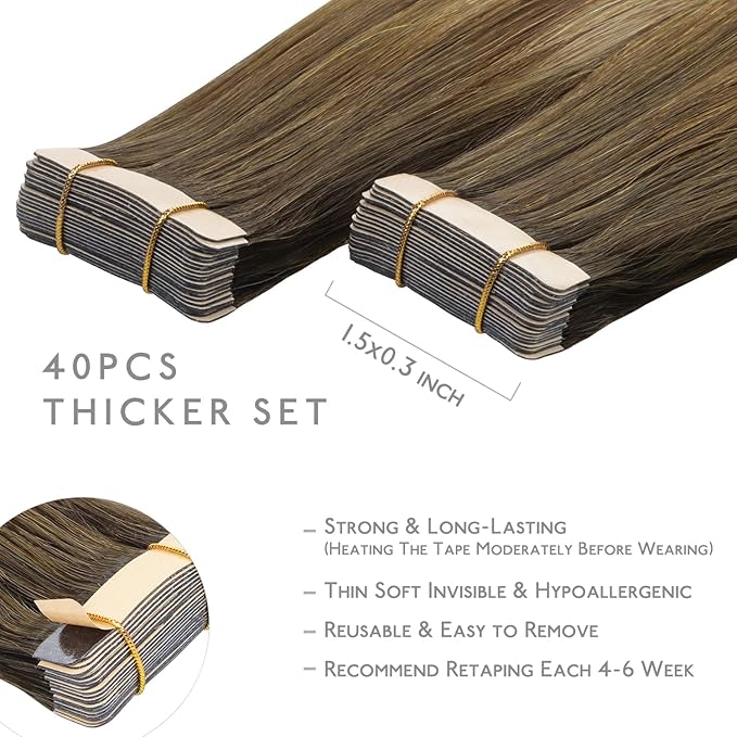 WENNALIFE Tape in Hair Extensions Human Hair, 40pcs 120g 26 inch Ombre Walnut Brown to Ash Brown and Bleach Blonde Hair Extensions Real Human Hair Straight