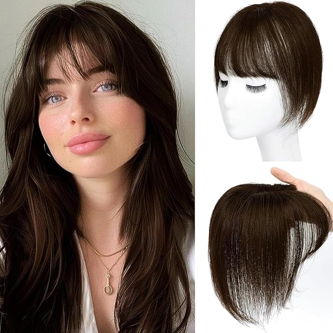 Amchoice Hair Toppers for Women Real Human Hair, Bangs Hair Clip 360° 3D Cover Bangs, Human Hair Toppers for Women Daily(Medium Brown, 3D Wispy Bangss (5 * 9))