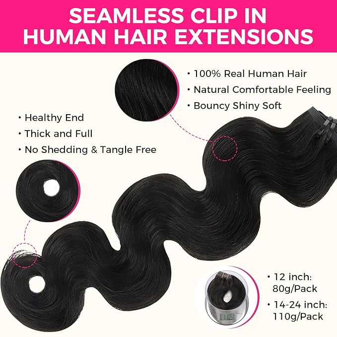 Lashey Clip in Hair Extensions Real Human Hair 110g Body Wave 7pcs Seamless Clip in Hair Extensions, 18 Inch #1B Natural Black 100% Real Soft Human Hair for Black Women