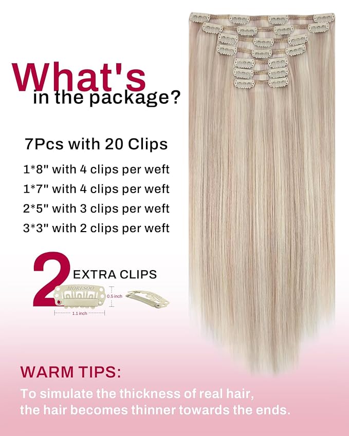 Moresoo Clip in Hair Extensions Remy Double Weft Human Hair Clip in Extensions Straight Hair Extensions for Women Ash Blonde Highlight with Blonde 7pcs 150g 24inch