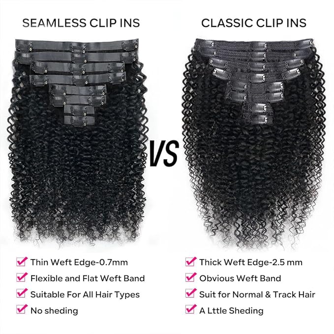 Seamless Curly Clip in Hair Extensions Real Human Hair Brazilian Virgin Human Hair Clip in Extensions 8Pcs Seamless Clip ins for Black Women with 18Clips PU Skin Weft 120g 14inch Natural Black