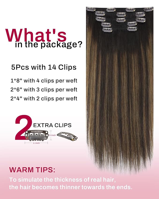 Moresoo Clip in Hair Extensions Real Human Hair Balayage Dark Brown with Chestnut Brown 5pcs 80g Remy Straight Invisible Double Weft Ombre Human Hair Clip in Extensions 16inch