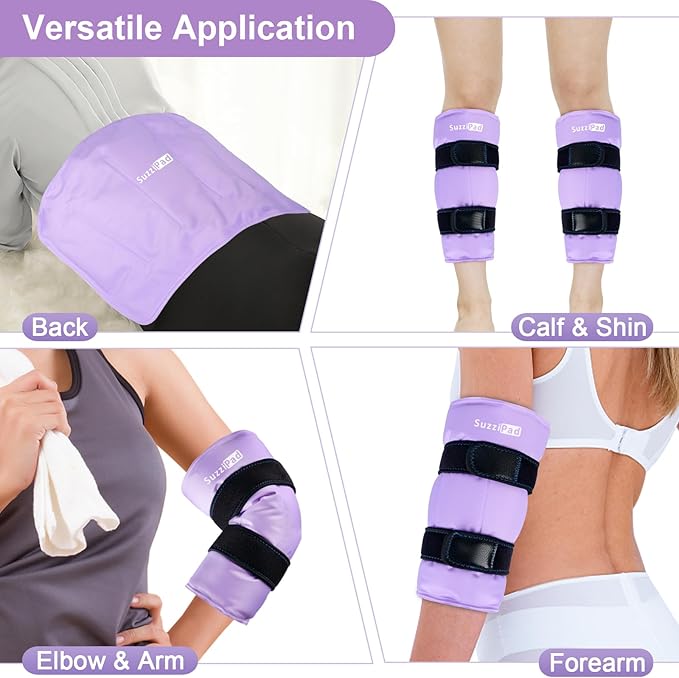 SuzziPad 360° Cold Pack for Calf, Shin, Arm & Elbow – Ice Wrap with Dual-Cover Design, Adjustable Velcro Straps, Leakproof & Reusable Cold Compress for Post-Workout Recovery (2 Packs), Purple