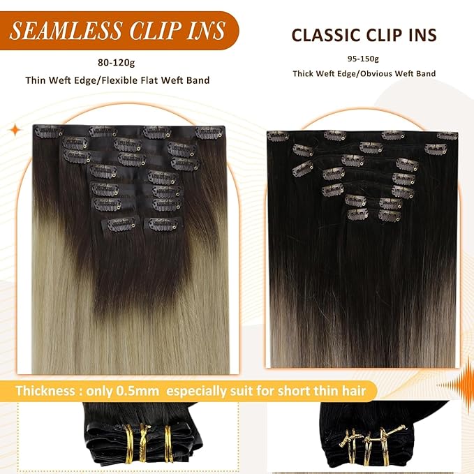 Full Shine Seamless Hair Extensions Clip in Dark Brown to Blonde Clip in Hair Extensions Real Human Hair 20 Inch Remy Hair for Women Full Head Softness 8 PCS 120 G