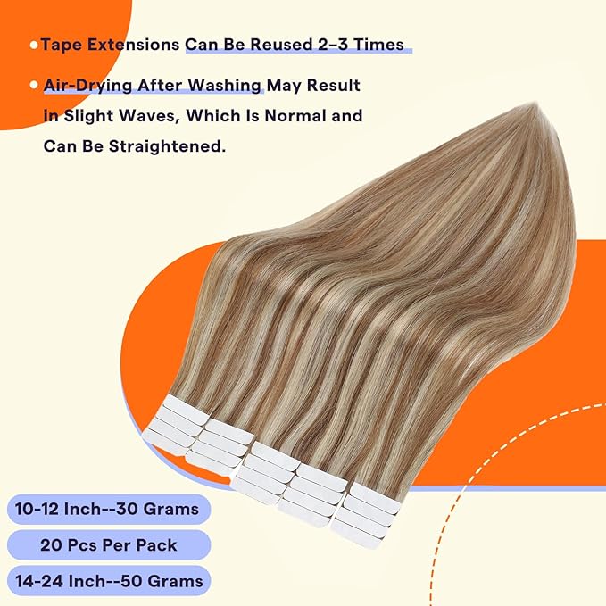 Full Shine Human Hair Tape in Extensions Color 10/613 Blonde With Brown 18 Inch Invisible Seamless Skin Weft Extensions Tape in 20 Pieces Straight Natural Remy Soft and Silky for Wedding 50 Grams