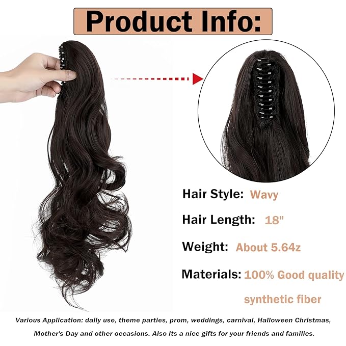Claw Clip Ponytail Extension 18" Clip in Wavy Ponytail Hair Extensions Long Pony Tails for Women Extensions Dark Brown Wave Hairpiece