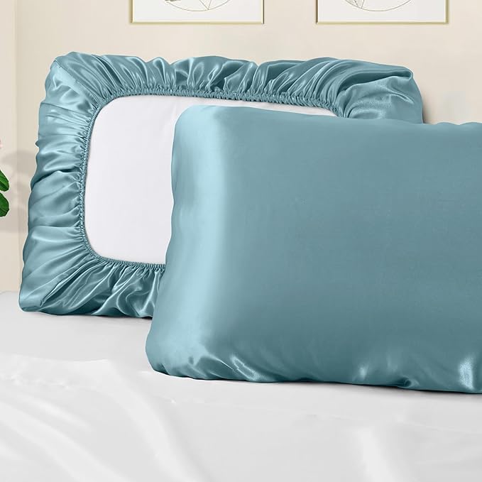 Manyshofu Satin Pillowcases for Hair Protection - 1Pcs Blue Pillow Cases, Elastic Band Standard & Queen Satin Pillowcases Luxury Silky Pillow Cases Travel Pillow Covers