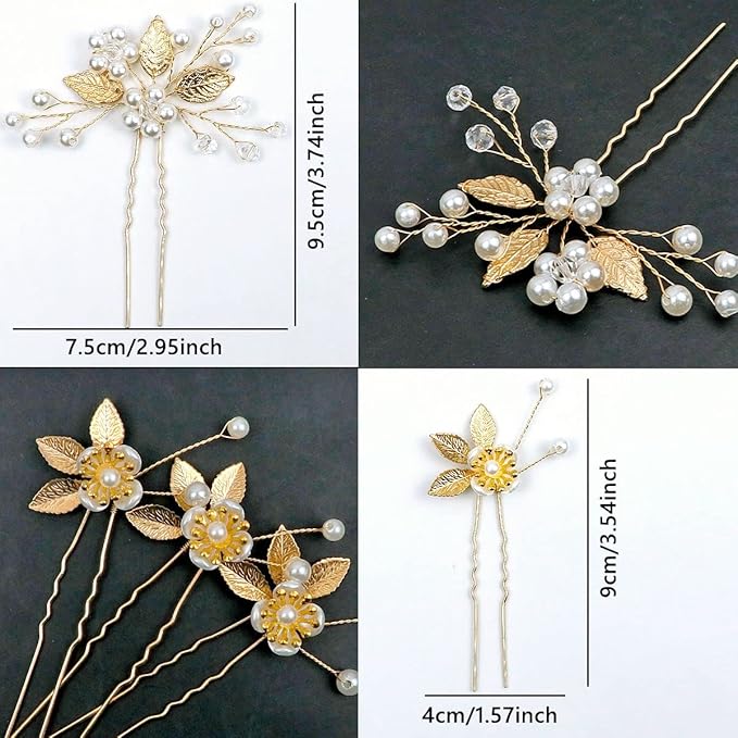 6 Pieces Bridal Wedding Hair Pins Gold Leaf Crystal Pearl Hair Pins Clips Headpiece Vintage Wedding Hair Accessories Jewelry with Rhinestone for Brides Bridesmaids Flower Girls (Elegant)