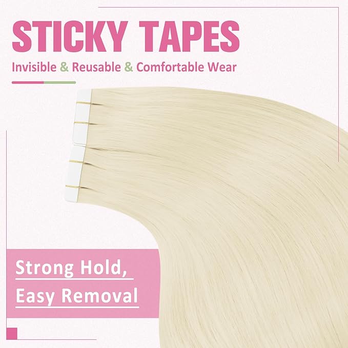 YoungSee Human Hair Tape in Extensions Platinum Blonde Tape in Hair Extensions Human Hair Platinum Blonde Invisible Tapes in Hair Extension 20pcs 16 Inch for Adding Hair Length 50g