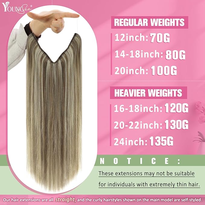 YoungSee 135G Wire Hair Extensions Blonde Fish Line Human Hair Extensions Platinum Blonde with Light Brown Highlights One Piece Hair Extension 24Inch
