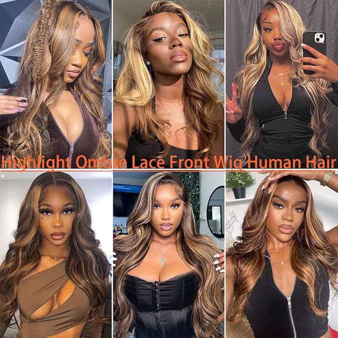 13x4 HD Body Wave Highlight Ombre Lace Front Wig Human Hair Pre Plucked 4/27 Honey Blonde Lace Frontal Wig For Women with Baby Hair 200% Density Glueless Body Wave Colored Lace Front Wig 18 Inch
