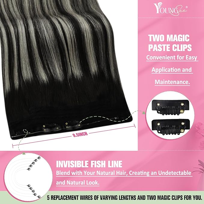 YoungSee Wire Hair Extensions Real Human Hair Ombre Secret Wire Human Hair Extensions Balayage Black with Silver Natural Fish Line Hair Extensions Human Hair 14In 80G