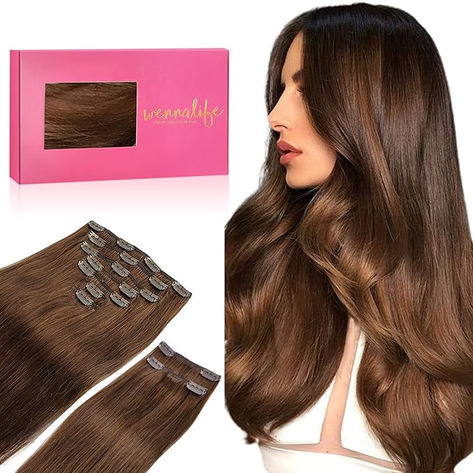 WENNALIFE Clip in Hair Extensions, 150g 24 Inch 9pcs Chocolate Brown Remy Hair Thicker Double Weft Extensiones De Cabello Humano Con Clip Ins Straight Full Volume