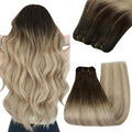 YoungSee Sew in Hair Extensions Real Human Hair Brown to Blonde Hair Extensions Weft Brown Ombre Golden Blond Mix Platinum Blonde Human Hair Weft Extensions Soft Remy Hair 18In 100G