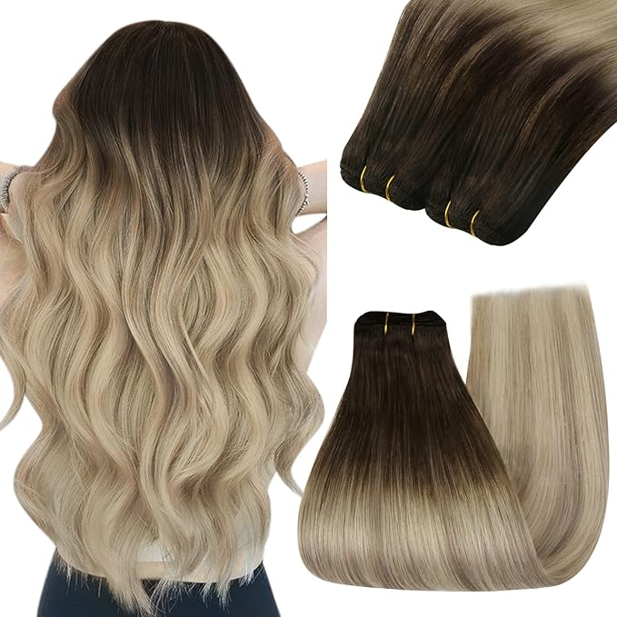 YoungSee Weft Hair Extensions Ombre Sew in Hair Extensions Real Human Hair Brown Ombre Golden Blonde with Platinum Blonde Balayage Weft Hair Extension Human Hair for Women 16Inch 100G