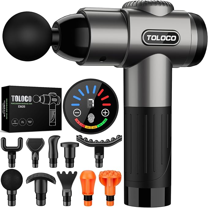 TOLOCO Massage Gun, Deep Tissue Back Massage for Athletes for Pain Relief, Percussion Massager with 10 Massages Heads & Silent Brushless Motor, Christmas Gifts for Women, Men, Grey