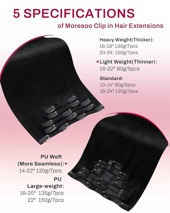 Moresoo Clip in Hair Extensions Real Human Hair Black 5pcs 80g Remy Straight Invisible Lace Double Weft Jet Black Human Hair Clip in Extensions #1 22inch