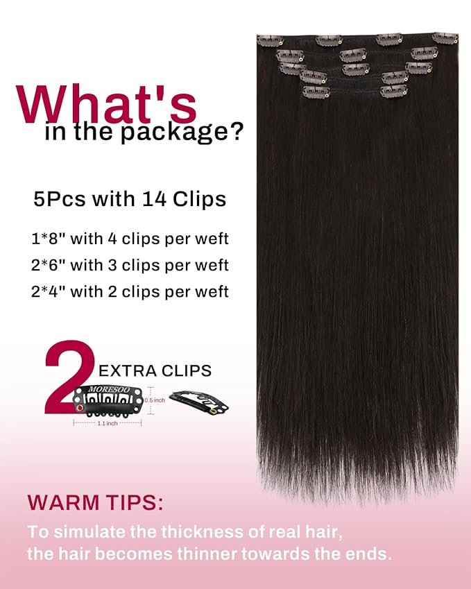 Moresoo Remy Human Hair Extensions Clip ins Brown Double Weft Clip in Extensions Real Human Hair Invisible Dark Brown 5Pcs 80G 20inch