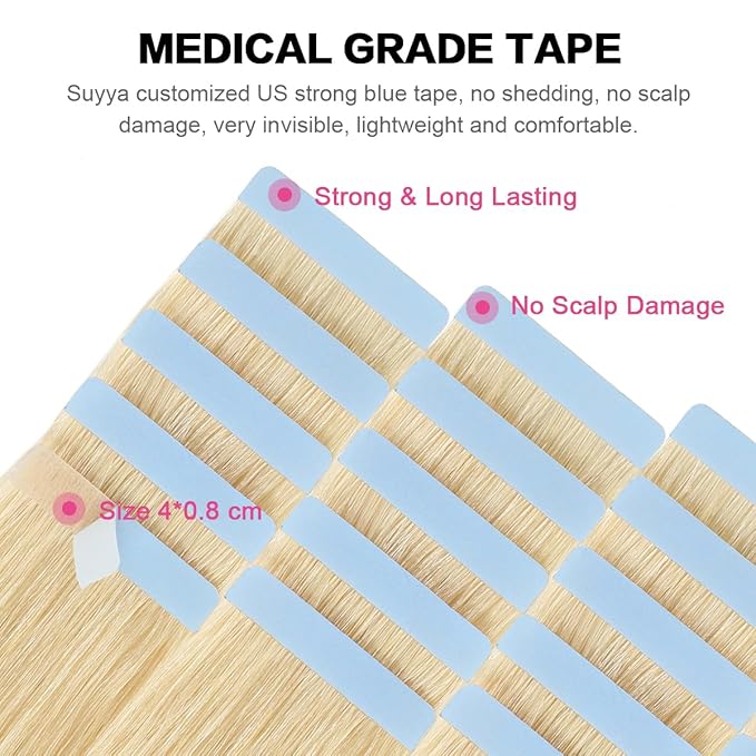 SUYYA Tape in Hair Extensions Bleach Blonde 100% Real Human Hair 24 inches 20pcs 50g/pack Straight Seamless Skin Weft Tape in Hair Extensions Human Hair Bleach Blonde(24 inches #613 Bleach Blonde)