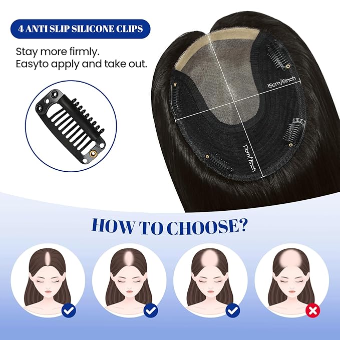 WORLDSTAR Hair Toppers for Women Real Human Hair No Bangs 6 * 7 Inch Base 16 Inch 75g #1B Natural Black 360°3D Coverage Hairpieces Hand-stitched Real Hair Toppers for Women Add Volume (tp#1B-16)