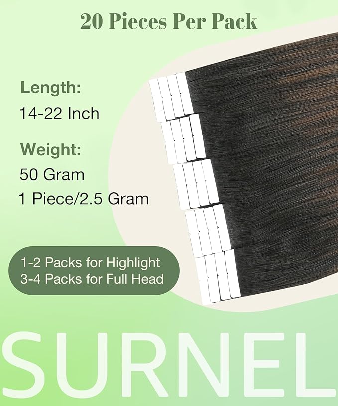 SURNEL Tape in Hair Extensions Balayage Ombre Color 1B Fading to 4 Brown Highlighted 27 Blonde Tape in Extensions Human Hair 20 inch Remy Tape Hair Extensions 20 Pcs 50g(#1B/4/27-20)