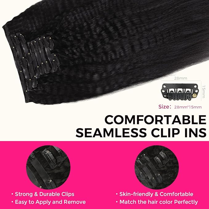 Lashey Seamless Clip in Hair Extensions Human Hair 130g 9pcs #1 Jet Black 16 Inch Kinky Straight Clip in Hair Extensions Real Human Hair with Flat PU Invisi Edge Full Pack