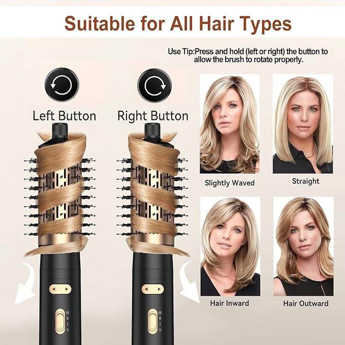 Hair Dryer Brush, 4 in 1 Rotating Round Hot Air Spin Brush Set Negative Ionic Professional Blow Dryer with Detachable Brush(2" & 1.5"), 3 Heats and 2 Speeds Rotating Blow Dryer Brush