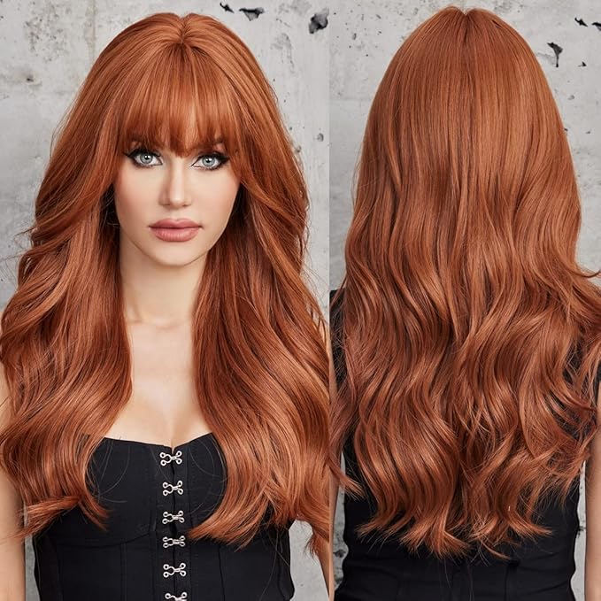 EMMOR Orange Brown Long Wigs for Women, Natural Wavy wig with Bangs Heat Resistant Fiber Synthetic Wigs for Daily Party（Strawberry blonde）
