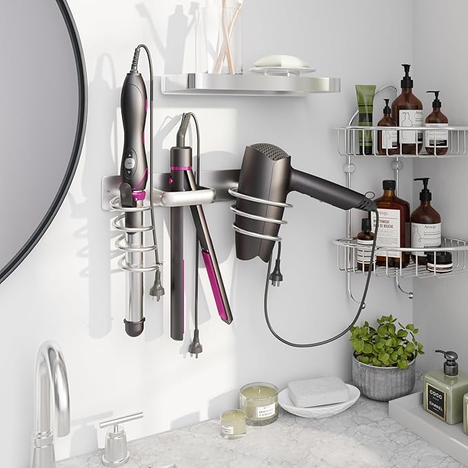hicorfe Hair Dryer Holder 3 in 1 Hair Tool Organizer,Blow Dryer Holder Wall Mounted,Bathroom Bedroom Care Styling for Flat Iron,Curling Iron,Hair Straightener（Silver）