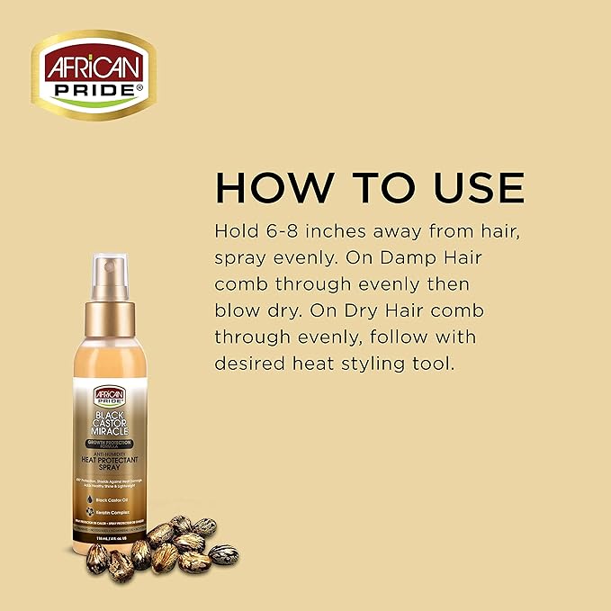 African Pride Black Castor Miracle Anti-Humidity Heat Protectant Spray - 400°F Heat Protection, Shields Against Heat Damage, Contains Black Castor Oil and Keratin Complex, 4 oz
