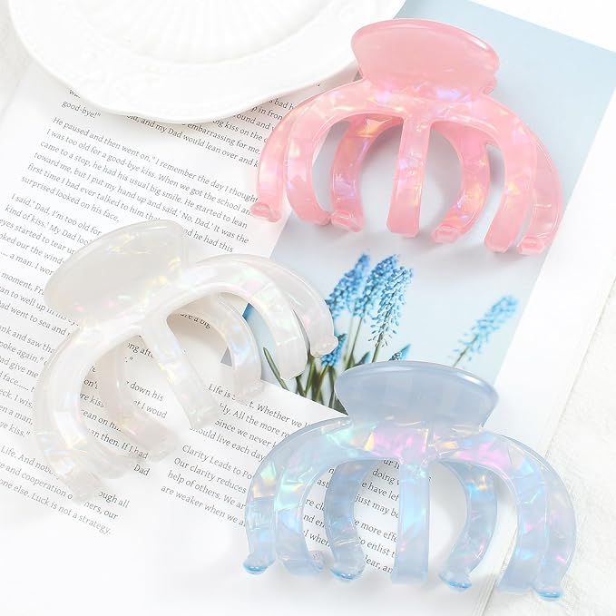 Large Hair Clips for Women - 3Pcs (Blue, White, Pink) | Octopus Claw Clips for Thick Hair, Non-Slip Strong Hold Hair Clamps for Long Hair, Big Unbreakable Hair Accessories
