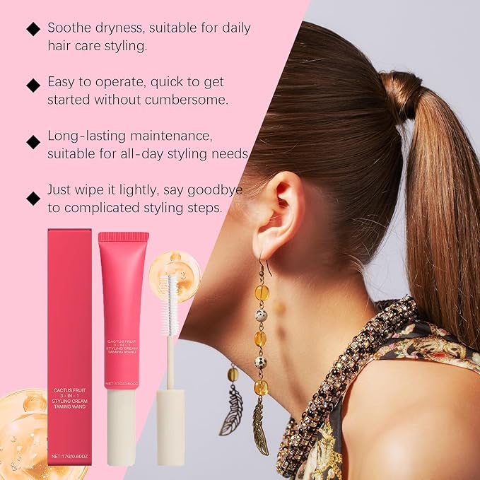 3-In-1 Hair Cactus Fruit Styling Cream & Hair Taming Wand– Hair Care Styling Cream,Tame Flyaways,Style Edges,Natural Shine,Light and Non-Greasy ﻿ (2 PCS)
