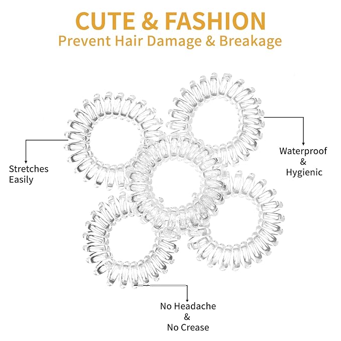 16Pcs Spiral Hair Ties, (Clear White) Hair Elastic Coils for Women and Girls, Waterproof Phone Cord Hair Scrunchies Accessories Bands for Ponytails and Updos