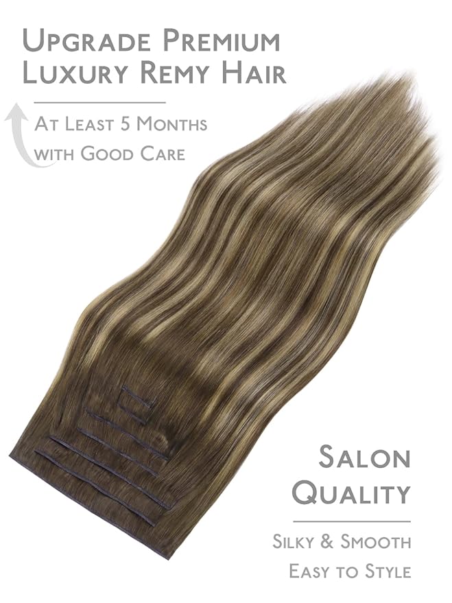 WENNALIFE Genius Seamless Clip in Hair Extensions Real Human 16 inch 120g 7 Pcs Balayage Chocolate Brown to Caramel Blonde Clip Ins Luxury Remy Hair Extensions De Cabello Humano