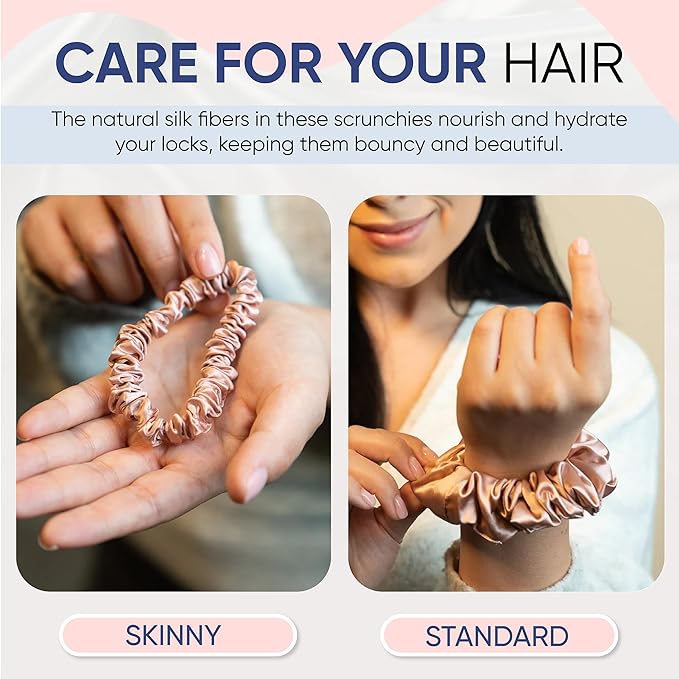 Blissy Silk Scrunchies (3 Pack) - 100% Pure Mulberry Silk - 22 Momme 6A High-Grade Fibers Scrunchie for Straight & Curly Hair - Preventing Breakage, Tangling, & Creasing (Rose Skinny)