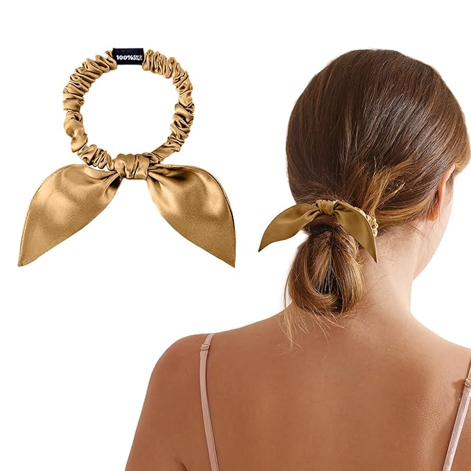 THXSILK Hair Silk Scrunchies with Bow for Women Pure Mulberry Silk Hair Cute Ring Ties Scrunchies for Girls Women's Thick Hair, Metallic Gold, 2.8"
