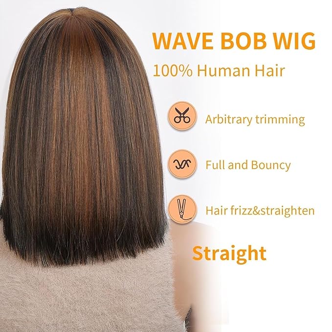Bob Wig Human Hair with Bangs Glueless 2.5x1 HD Lace Colsure Wigs Human, Bob Wig with Brown Highlights, Wear to Go Short Wigs For Women Beginner Friendly 10 Inch