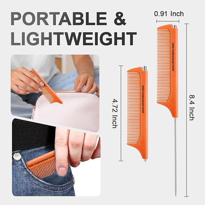 Rat Tail Combs for Parting, Protable Retractable Rat Tail Comb, Parting Combs for Hair Stylist, Fine Tooth Teasing Comb Stainless Steel Pin Tail, Easy to Carry (1 Pack-Orange)